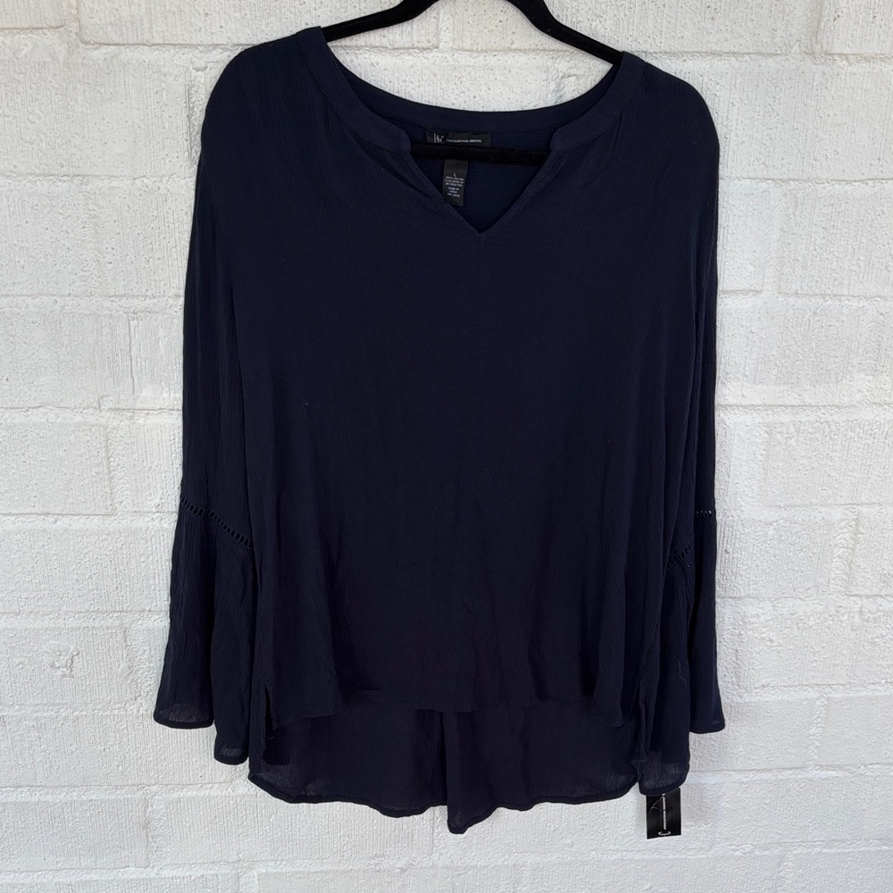 INC International Concepts Bell Sleeve V neck Dark Blue Blouse sz L